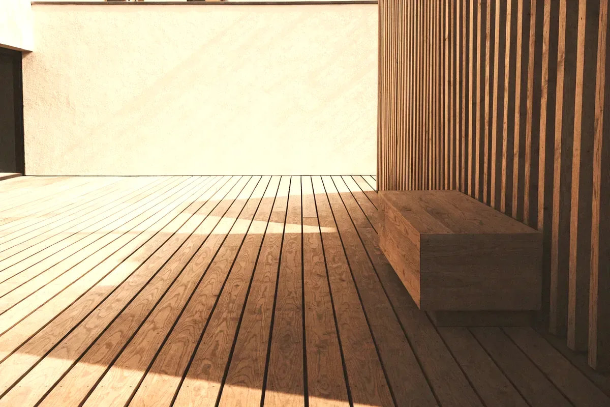 Slatted ash wall and floor in a modern interior